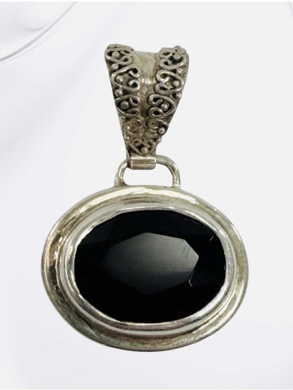 Sterling-Style Silver Pendant Necklace with Black Faceted Stone